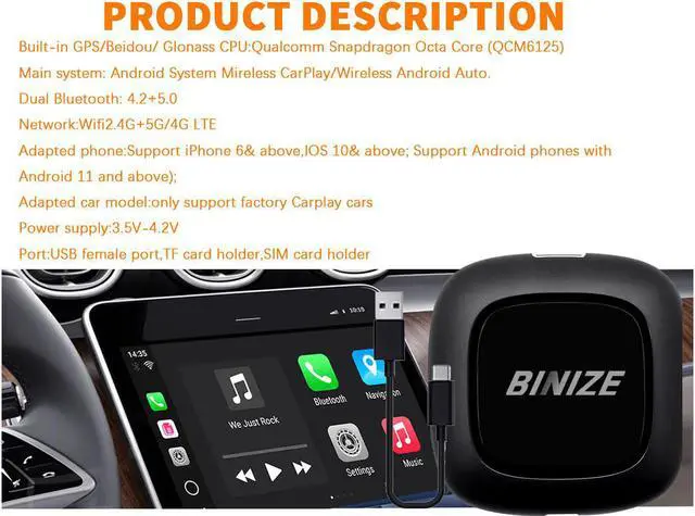 Alt view image 4 of 7 - BinizeCarplay/Android Auto wireless Adapter,Carplay AI Box,Multimedia Smart Box,Android 10,Qualcomm chip (8 cores),4G+64G,Built-in GPS,Bluetooth 5.0,Youtube,ONLY for OEM Wired CarPlay Cars