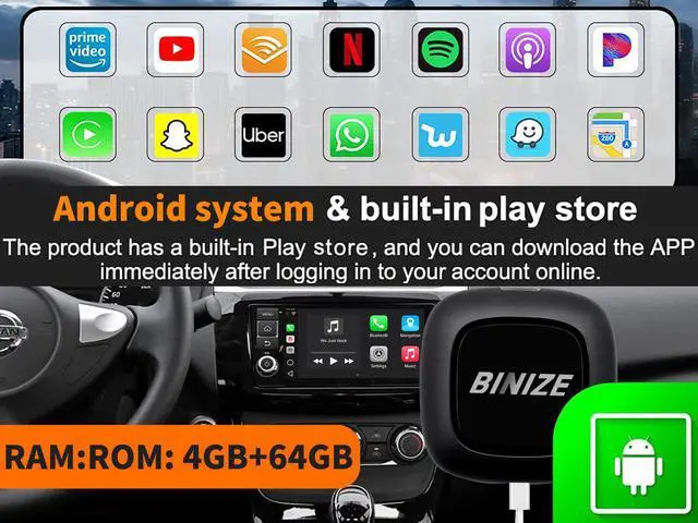Alt view image 5 of 7 - BinizeCarplay/Android Auto wireless Adapter,Carplay AI Box,Multimedia Smart Box,Android 10,Qualcomm chip (8 cores),4G+64G,Built-in GPS,Bluetooth 5.0,Youtube,ONLY for OEM Wired CarPlay Cars