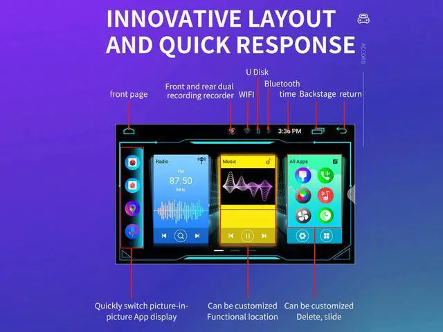 Alt view image 6 of 7 - Binize Android 10 Double Din Car Stereo 10.1 Inch Compatible with Apple Carplay Android Auto Touch Screen Radio Head Unit Multimedia Player,BT,GPS Navigation,AM,FM,RDS,DSP,SWC,Front&Rear Camera Input