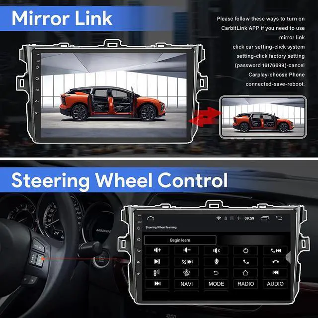 Alt view image 5 of 6 - Binize Android 13 Car Stereo for Toyota Corolla 08-12 Compatible with CarPlay&Android Auto,9 Inch Touch Screen Car Radio Support Bluetooth,GPS Navigation,FM&AM,RDS,DSP,SWC+Backup Camera