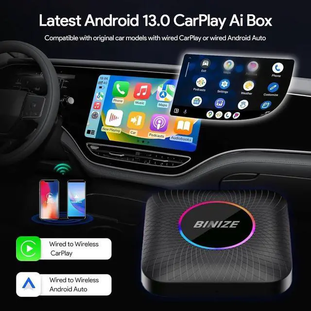 Alt view image 2 of 7 - Binize CarPlay AI Box for Car with OEM wired CarPLay Supports Wireless CarPlay Android auto,Android 13 Ai Box,(8G+128G)