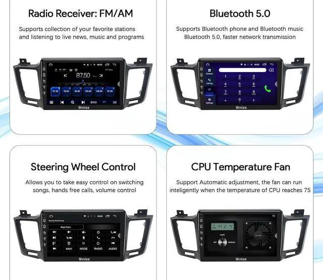 Alt view image 4 of 7 - Binize Android 13 Car Radio Compatible with Toyota RAV4 2013-2018, 10 Touch Screen Car Stereo Wireless CarPlay/Android Auto & Mirroring Support with AHD Backup Camera