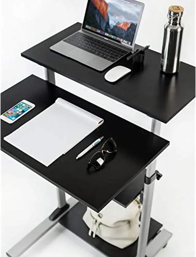 Alt view image 4 of 6 - Mobile Standing Desk/Height Adjustable Stand Up Computer Work Station | Rolling Presentation Cart With 27.5 Inch Wide Platform, Locking Wheels