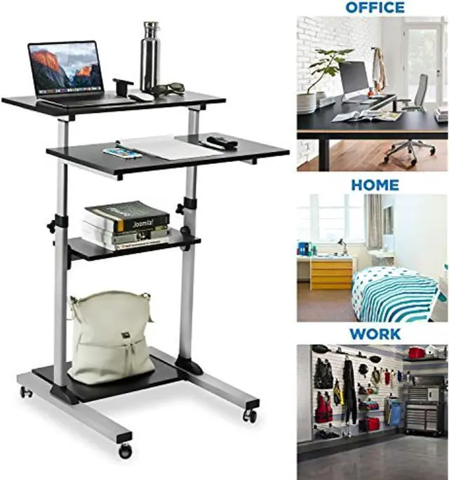 Alt view image 2 of 6 - Mobile Standing Desk/Height Adjustable Stand Up Computer Work Station | Rolling Presentation Cart With 27.5 Inch Wide Platform, Locking Wheels