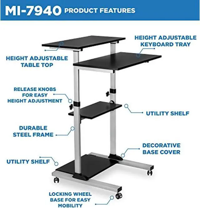 Alt view image 6 of 6 - Mobile Standing Desk/Height Adjustable Stand Up Computer Work Station | Rolling Presentation Cart With 27.5 Inch Wide Platform, Locking Wheels