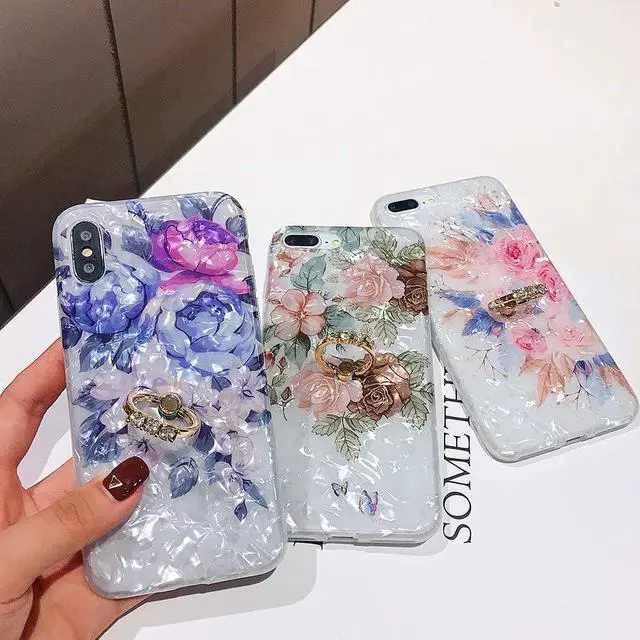 Alt view image 6 of 7 - Qokey Compatible with iPhone XR Case,Flower Case Cute Fashion for Men Women Girls with 360 Degree Rotating Ring Kickstand Soft TPU Shockproof Cover Designed for iPhone XR 6.1 inch Brown Floral