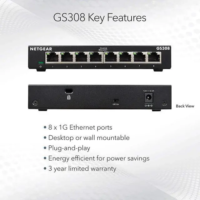 Alt view image 5 of 6 - 8-Port Gigabit Ethernet Unmanaged Essentials Switch (GS308) - Home Network Hub Office Ethernet Splitter Plug-and-Play Silent Operation Desktop or Wall Mount