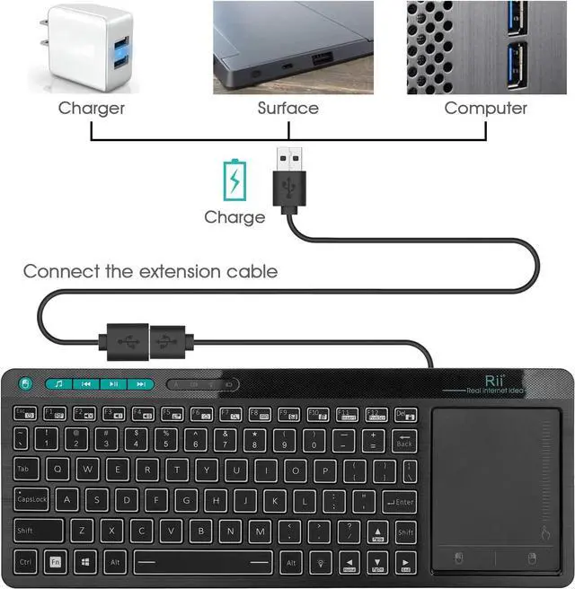 Alt view image 6 of 7 - Rii Wireless Keyboard,Touchpad Keyboard,3-Colors Backlight Keyboard, BigTouch Trackpad,Rechargeable Keyboard for Android TV Box,Smart TV,Xbox,Raspberry Pi,PC,Tablet,Android,Windows,MacOS
