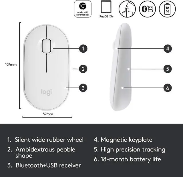 Alt view image 6 of 7 - Logitech Pebble M350 Wireless Mouse with Bluetooth or USB - Silent, Slim Computer Mouse with Quiet Click for iPad, Laptop, Notebook, PC and Mac - Off White