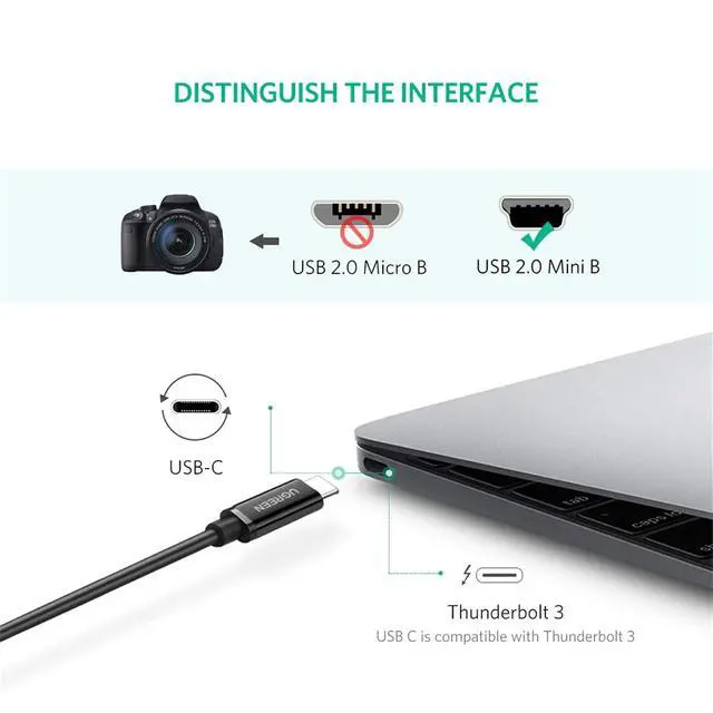 Alt view image 2 of 7 - UGREEN Mini USB to USB C Cable 3FT Mini USB to Type C | Compatible with Digital Camera MP3 Player GPS Receiver and More Mini B Devices PVP Black