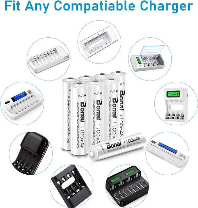 Alt view image 7 of 7 - BONAI Rechargeable AAA Batteries  1100 MAh  NiMH High-Capacity  Recharge up to 1200x  16-Pack Pre-Charged