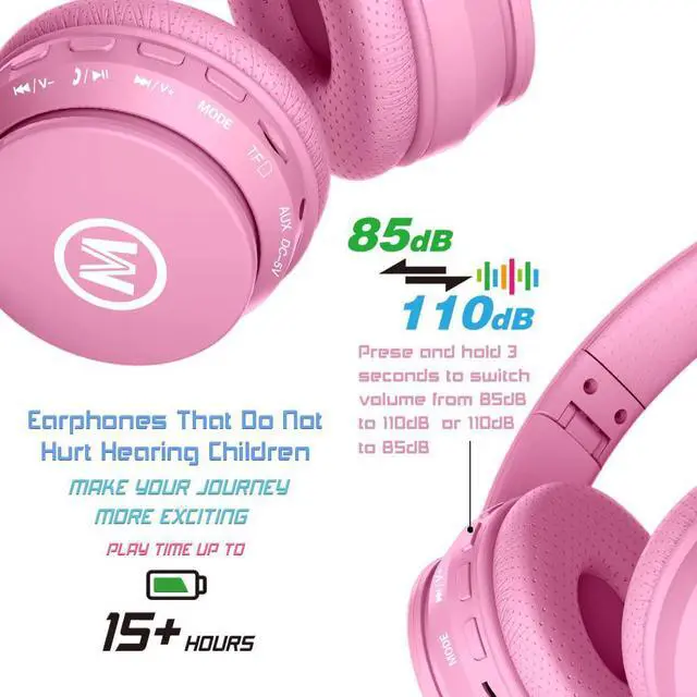 Alt view image 3 of 7 - Headphones Bluetooth Wireless/Wired Kids Volume Limited 85 /110dB Over Ear Foldable Protection Headset with AUX 3.5mm Mic for Boys Girls School Pad Tablet Pink