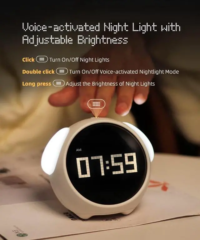 Alt view image 4 of 6 - Kids Alarm Clock, Dual Alarm Setting, Adjustable Brightness Night Light, Voice-Activated,Temperature Detection, Wake-up Alarm Clock, Toy and Gift for Toddler, Children, Students, Boys&Girls