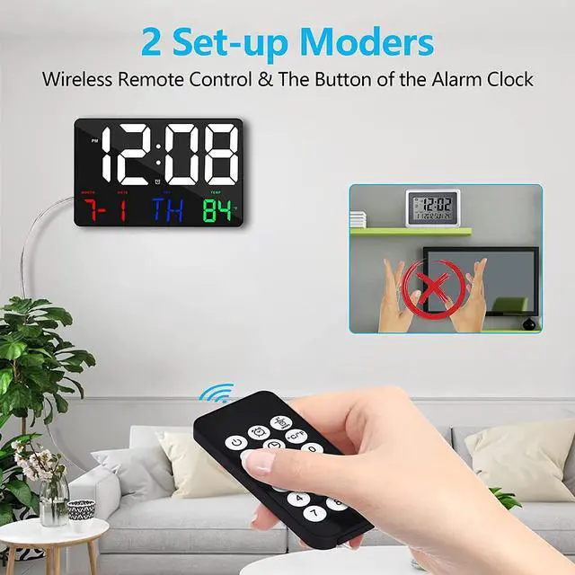Alt view image 2 of 7 - Amgico Digital Wall Clock,11.4" Digital Clock Large Display, Adjustable Brightness Wall Clock for Bedroom, Alarm Clock with Remote Control,12/24H,Calendar,Snooze,Home,Office,Elderly