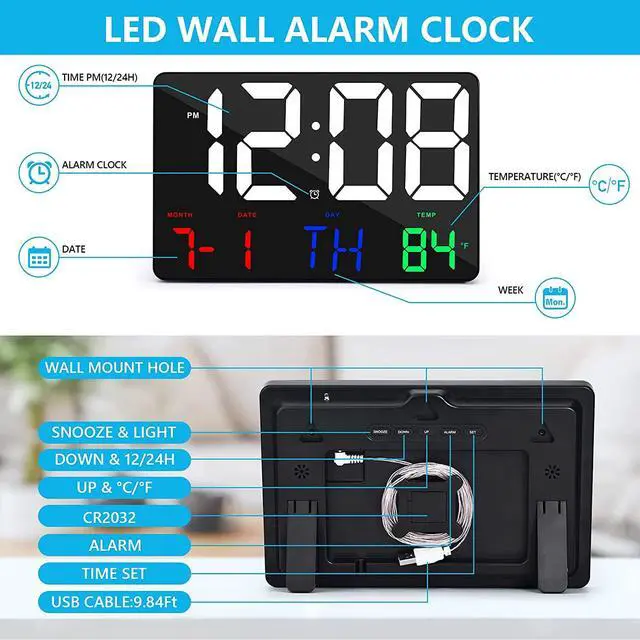 Alt view image 6 of 7 - Amgico Digital Wall Clock,11.4" Digital Clock Large Display, Adjustable Brightness Wall Clock for Bedroom, Alarm Clock with Remote Control,12/24H,Calendar,Snooze,Home,Office,Elderly