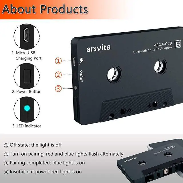 Alt view image 5 of 7 - Arsvita Car Audio Bluetooth Wireless Cassette Receiver Tape Player Bluetooth 5.0 Cassette Aux Adapter Black