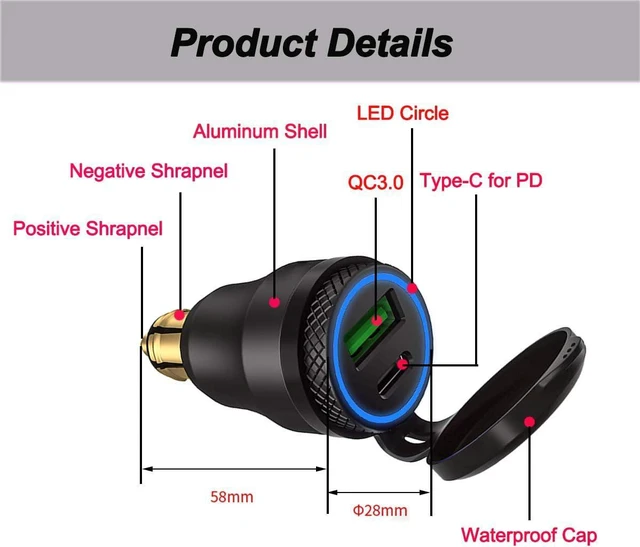 Alt view image 3 of 7 - iMESTOU Aluminium DIN Plug USB C Charger 30W 5A Power Delivery Motorcycle Dual USB Charger QC 3.0 Quick Charge Power Adapter Waterproof Fits for 12V-24V BMW Ducati Triumph Hella DIN Socket