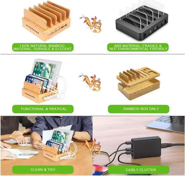 Alt view image 4 of 7 - Yisen Wood Bamboo Multi Device Charging Station 5-Port USB Charging Dock for for iPhone, iPad, Universal Phones, Tablets and Other USB-Charged Devices(with 5 USB Charge Cables)