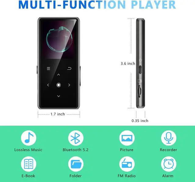 Alt view image 7 of 7 - 64GB MP3 Player with Bluetooth 5.2, AiMoonsa Music Player with Built-in HD Speaker, FM Radio, Voice Recorder, HiFi Sound, E-Book Function, Earphones Included