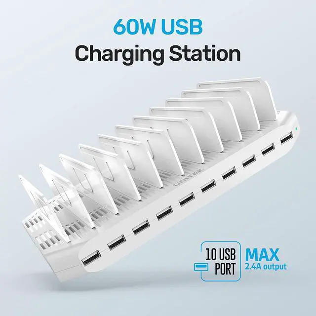 Alt view image 2 of 7 - Unitek Multi Charging Station, 10-Port USB Charger for Multiple Device with SmartIC Tech and Adjustable Dividers, Organizer Stand Compatible with iPad, Tablet, Kindle, iPhone
