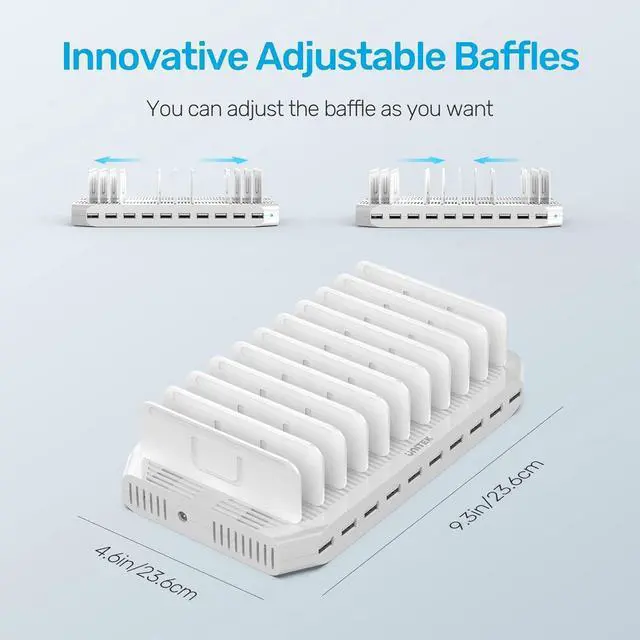 Alt view image 6 of 7 - Unitek Multi Charging Station, 10-Port USB Charger for Multiple Device with SmartIC Tech and Adjustable Dividers, Organizer Stand Compatible with iPad, Tablet, Kindle, iPhone