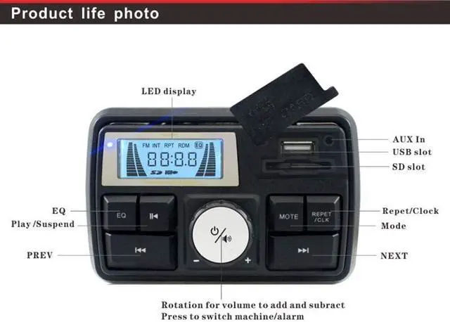 Alt view image 3 of 5 - 12V Radio 3 inch Motorcycle ATV UTV Golf Cart Waterproof Anti-Theft Bluetooth Speaker USB TF U Disk FM Radio Stereo System (Silver Star&Black)