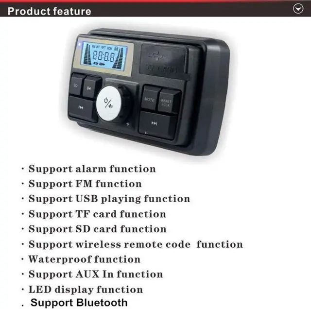 Alt view image 4 of 5 - 12V Radio 3 inch Motorcycle ATV UTV Golf Cart Waterproof Anti-Theft Bluetooth Speaker USB TF U Disk FM Radio Stereo System (Silver Star&Black)
