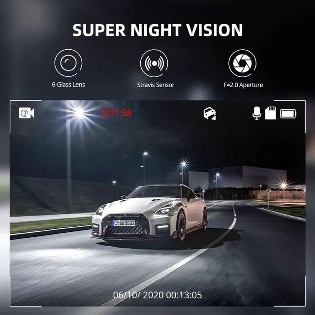 Alt view image 6 of 7 - Dual Dash Cam Front and Rear, 3 inch 2.5D IPS Screen Free 64GB Card Car Driving Recorder, 1080P FHD Dashboard Camera, Waterproof Backup Camera Night Vision, Park Monitor, G-Sensor, for Car Taxi