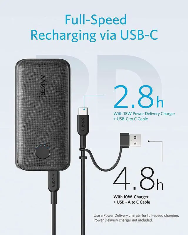 Alt view image 7 of 7 - Anker PowerCore 10,000 mAh Redux, 10K Power Bank USB-C Power Delivery (18W) Portable Charger for iPhone 15/15 Plus/15 Pro/15 Pro Max, iPhone 14/13/12 Series, Samsung S10, Pixel 3/3XL, iPad Pro 2018