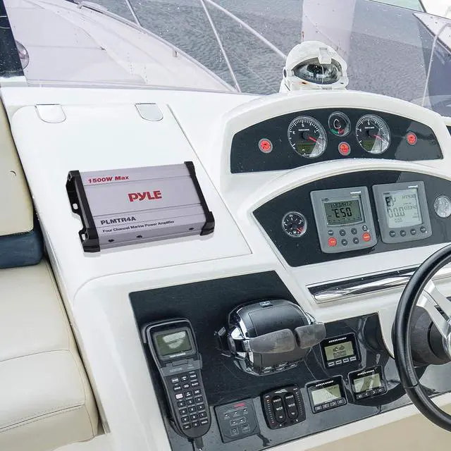 Alt view image 6 of 7 - 4-Channel Marine Amplifier Receiver - Waterproof and Weatherproof Audio Subwoofer for Boat Stereo Speaker & Other Watercraft - 1200 Watt Power, Wired RCA, AUX and MP3 Audio Input Cable - PLMTR4A