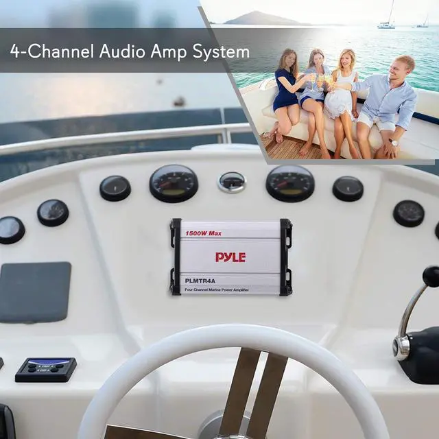 Alt view image 5 of 7 - 4-Channel Marine Amplifier Receiver - Waterproof and Weatherproof Audio Subwoofer for Boat Stereo Speaker & Other Watercraft - 1200 Watt Power, Wired RCA, AUX and MP3 Audio Input Cable - PLMTR4A