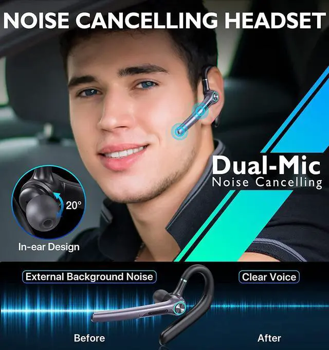 Alt view image 4 of 7 - Bluetooth Headset Eumspo V5.1 Bluetooth Earpiece 50Hrs Playtime Built-in Dual Noise Canceling Mic Wireless Headset with Microphones with 400mAh LED Charging Case for Business Office Working