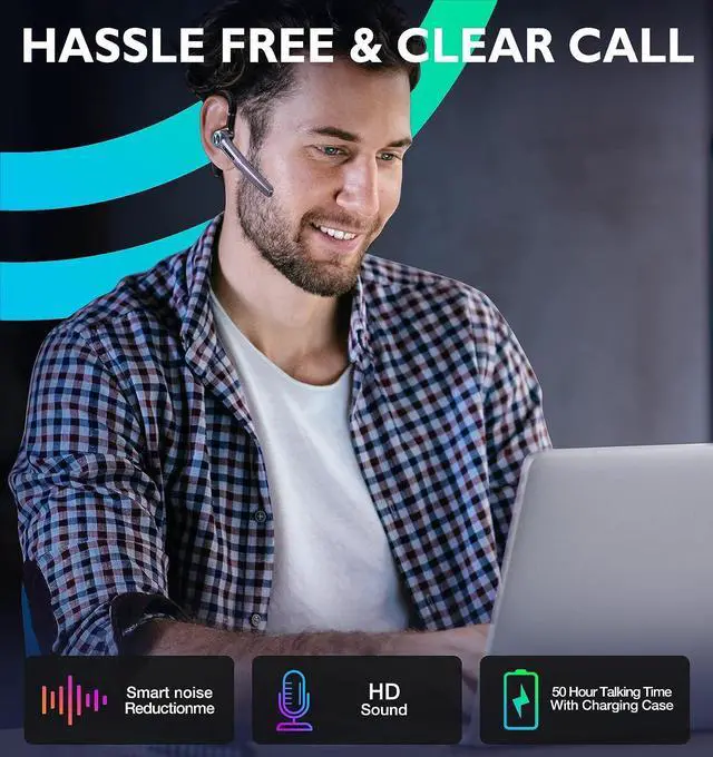 Alt view image 7 of 7 - Bluetooth Headset Eumspo V5.1 Bluetooth Earpiece 50Hrs Playtime Built-in Dual Noise Canceling Mic Wireless Headset with Microphones with 400mAh LED Charging Case for Business Office Working