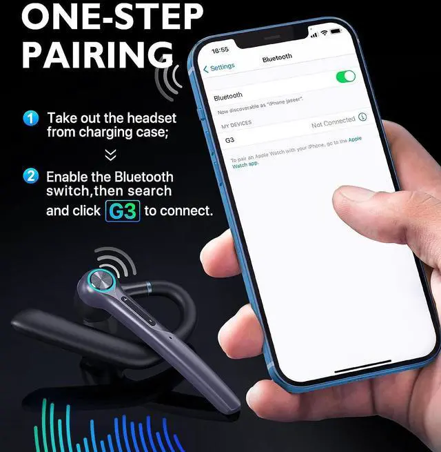 Alt view image 5 of 7 - Bluetooth Headset Eumspo V5.1 Bluetooth Earpiece 50Hrs Playtime Built-in Dual Noise Canceling Mic Wireless Headset with Microphones with 400mAh LED Charging Case for Business Office Working