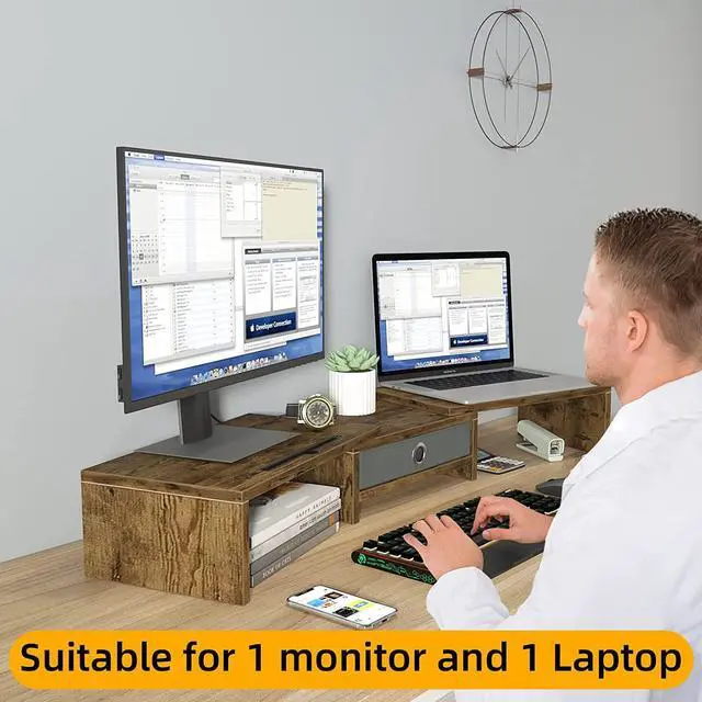 Alt view image 3 of 6 - WESTREE Dual Monitor Stand Riser with Drawer, Monitor Stand Riser for 2 Monitors, Adjustable Length and Angle, 2 Solts for Phone & Tablet, Desktop Organizer Stand for Computer/Laptop/PC/Printer