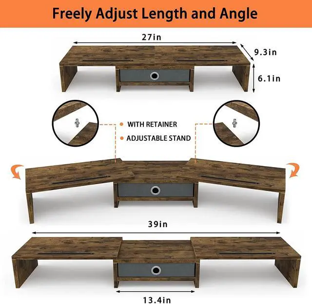 Alt view image 6 of 6 - WESTREE Dual Monitor Stand Riser with Drawer, Monitor Stand Riser for 2 Monitors, Adjustable Length and Angle, 2 Solts for Phone & Tablet, Desktop Organizer Stand for Computer/Laptop/PC/Printer