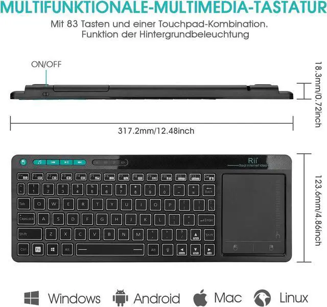 Alt view image 5 of 7 - Rii Wireless Keyboard,Touchpad Keyboard,3-Colors Backlight Keyboard, BigTouch Trackpad,Rechargeable Keyboard for Android TV Box,Smart TV,Xbox,Raspberry Pi,PC,Tablet,Android,Windows,MacOS