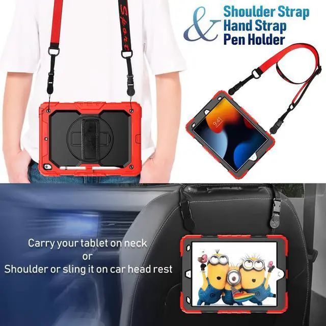 Alt view image 5 of 7 - iPad 9th/ 8th/ 7th Generation Case (iPad 10.2 Case, iPad 9/8/ 7 Gen Case): with Strong Protection, Screen Protector, Hand Strap, Shoulder Strap, 360° Rotating Stand, Pencil Holder - Red