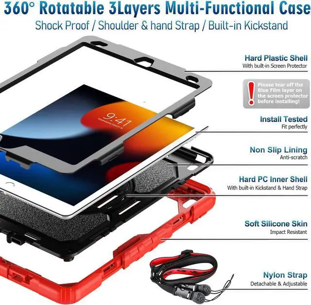 Alt view image 7 of 7 - iPad 9th/ 8th/ 7th Generation Case (iPad 10.2 Case, iPad 9/8/ 7 Gen Case): with Strong Protection, Screen Protector, Hand Strap, Shoulder Strap, 360° Rotating Stand, Pencil Holder - Red