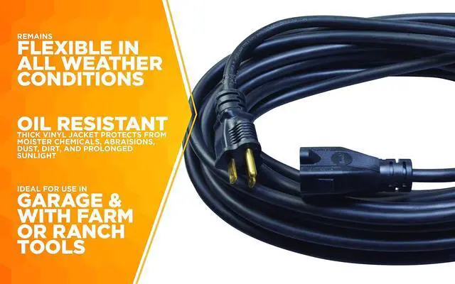 Alt view image 4 of 7 - Woods 982452 50-Foot SJTOW Agricultural Outdoor Heavy Duty All- Weather Extension Cord, Oil Resistant Vinyl Jacket, Versatile Use, Powerful 15 Amps, 125 Volts, 1,875 Watt Extension Cord, Black