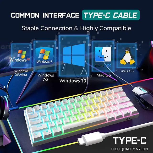Alt view image 6 of 7 - RK ROYAL KLUDGE RK61 Wired 60% Mechanical Gaming Keyboard Programmable QMK/VIA RGB Backlit 61 Keys Ultra-Compact Hot Swappable Blue Switch White