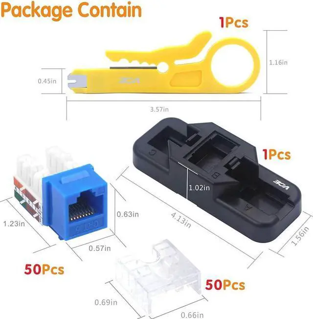 Alt view image 2 of 7 - VCE 50 Pack Cat6 RJ45 Keystone Jack Insert, 90 Degree Ethernet UTP Cat 6, Cat5, Cat5e Keystone Punch-Down Stand and Mini Stripper Cutter Blue UL Certified
