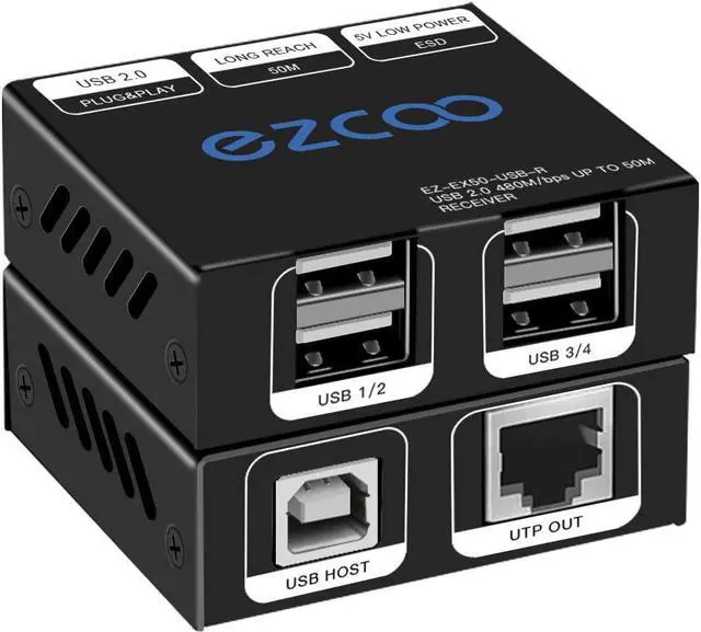 Main image of USB Extender 165ft 50m 4-Port USB2.0 HUB by Cat5e Cat6 -Two Webcam Work Sync,Plug & Play for Camera Storage Hard Drive PC Windows,MacOS,Android,1.5m USB Cable, 5V Power USB Over Ethernet EX60USB