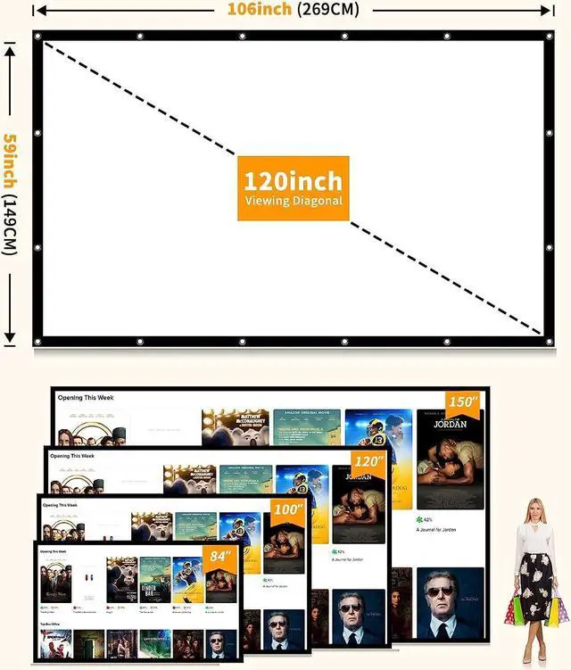 Alt view image 2 of 7 - Projector Screen 120 inch Movie Projector Screen 16:9 Foldable and Portable Anti-Crease Indoor Outdoor Projection Double Sided Video Projector Screen for Home Party Office Classroom