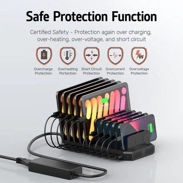 Alt view image 5 of 7 - Alxum USB Fast Charging Station with Quick Charge 3.0, 10 Port Charging Stand for Multiple Devices, Compatible with iPad, iPhone, Samsung Galaxy, Black