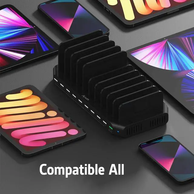 Alt view image 2 of 7 - Alxum USB Fast Charging Station with Quick Charge 3.0, 10 Port Charging Stand for Multiple Devices, Compatible with iPad, iPhone, Samsung Galaxy, Black