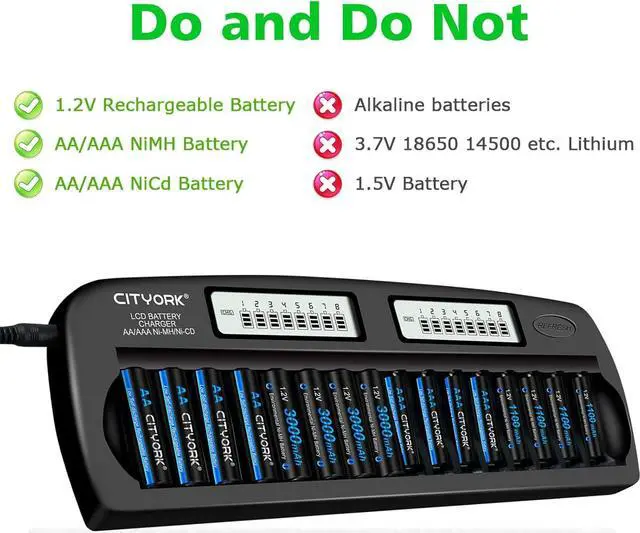 Alt view image 5 of 7 - 16 Bay Smart Battery Charger LCD Display for AA/AAA NiMH/NiCd Rechargeable Batteries with Built-in IC Protection & AC Wall Adapter (Upgraded Charger White/Blue Screen)