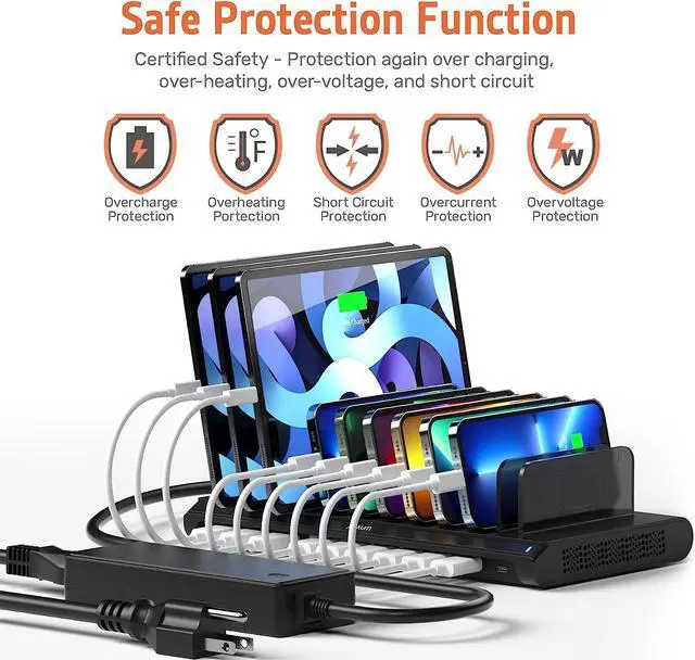 Alt view image 3 of 7 - USB Charging Station, Fast 120W 10 Port Phone Tablet Charging Station for Multiple Devices with Type C/2 QC 3.0 Port for iPad/iPhone/Galaxy/Kindle/Fire, Devices Organizer, UL Certified, Black