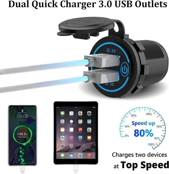 Alt view image 2 of 7 - Qidoe 36W Dual QC3.0 USB Power Charger Socket, Waterproof 12V USB Outlet with Touch Switch Car USB Port for RV Motorcycle Boat Marine Truck Golf Cart