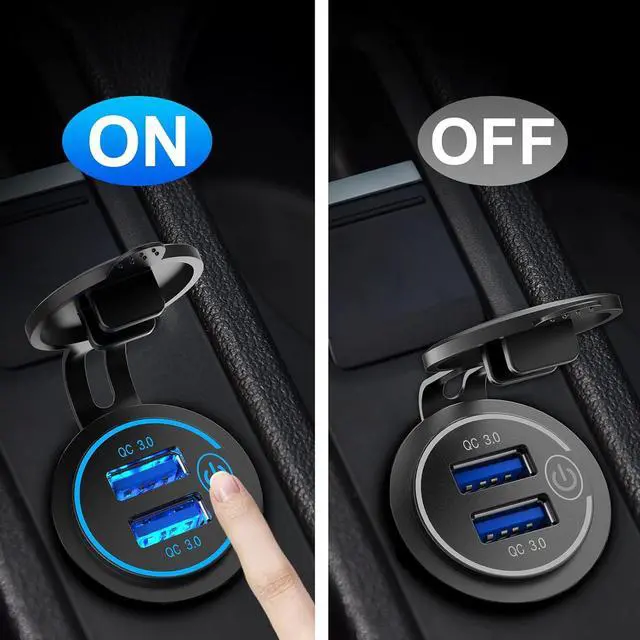 Alt view image 4 of 7 - Qidoe 36W Dual QC3.0 USB Power Charger Socket, Waterproof 12V USB Outlet with Touch Switch Car USB Port for RV Motorcycle Boat Marine Truck Golf Cart